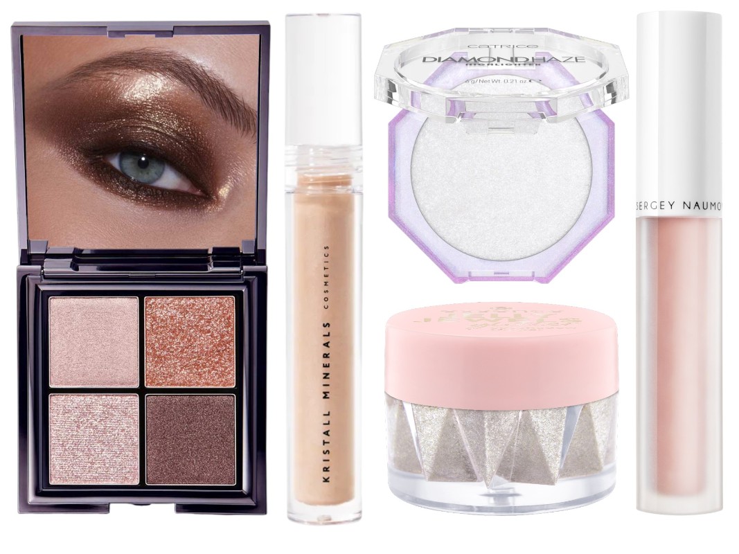 Фото: архивы пресс-служб. Палетка сияющих теней для век YOUR VISION PALETTE For Me EVO, Annbeauty; Кремовый хайлайтер Liquid Glow, Kristall Minerals Cosmetics; Хайлайтер Diamond Haze Highlighter, Catrice; Глиттерные тени для век JELLY JEWELS glitter eyeshadow topper, essence; Хайлайтер под глаза MAIN ENTRANCE, Sergey Naumov