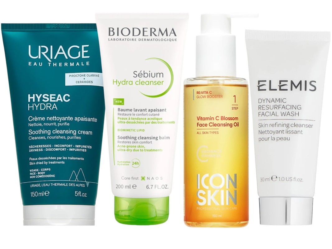 Фото: архивы пресс-служб. Очищающий крем для умывания HYSEAC HYDRA, Uriage; Успокаивающий очищающий бальзам для лица Sebium hydra-cleanser, Bioderma; Гидрофильное масло для умывания Vitamin C Blossom, ICON SKIN; Крем для умывания Dynamic Resurfacing Facial Wash, ELEMIS