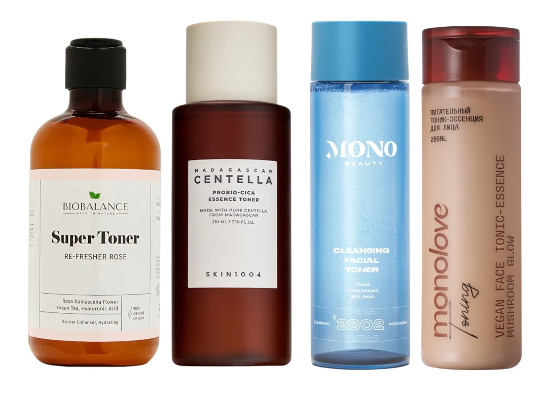 Фото: архивы пресс-служб. Увлажняющий тоник для лица Super Toter Re-Fresher Rose, BIOBALANCE; Тонер для лица Madagascar Centella Probio-Cica, Skin 1004; Тоник очищающий для лица Сleansing Facial Toner, Mono beauty; Тоник-эссенция для лица Mushroom glow, monolove