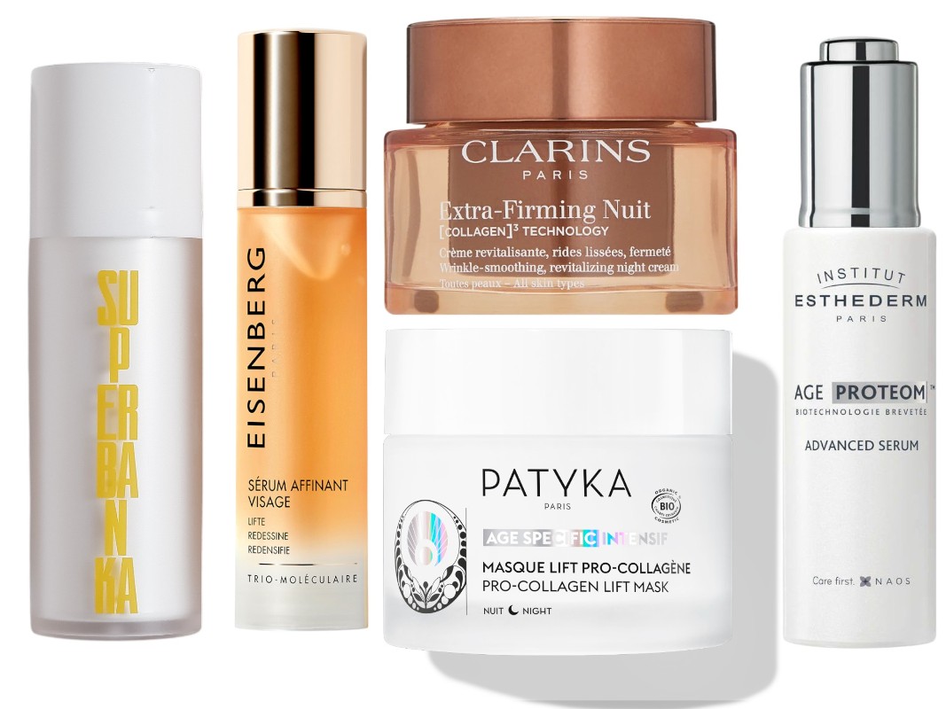 Фото: архивы пресс-служб. Сыворотка с инкапсулированным ретиналем и пептидами Vanilla Sky, SUPERNBANKA; Сыворотка, моделирующая овал, для лица и шеи, Eisenberg; Регенерирующий ночной крем для лица Extra-Firming, CLARINS; Про-коллаген ночная маска для лица, PATYKA; Сыворотка для продления молодости кожи Age Proteom, Institut Esthederm