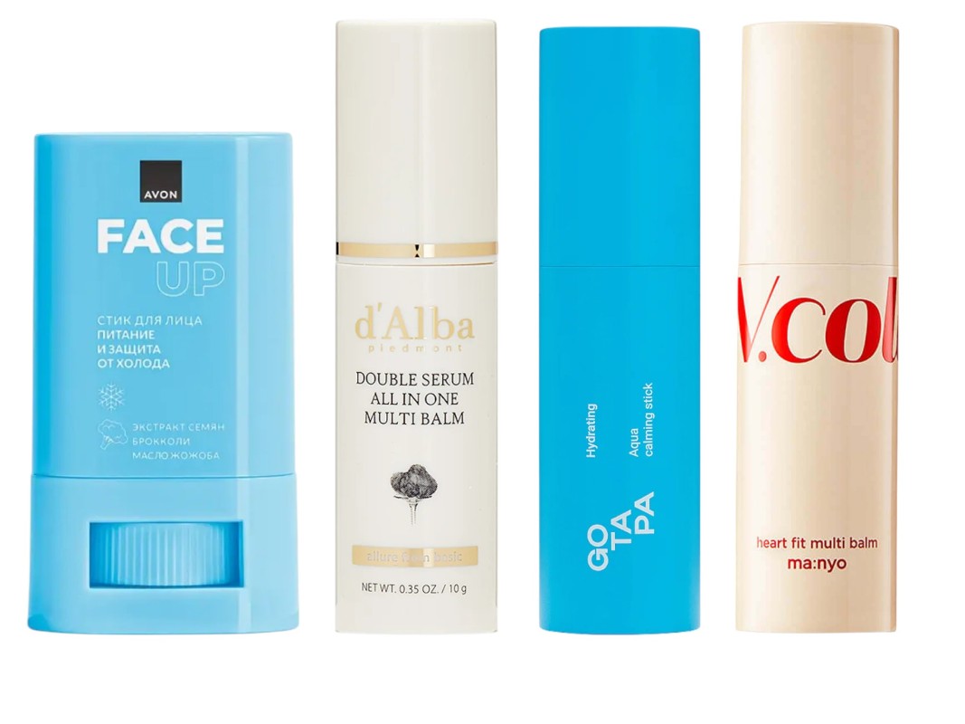 Фото: архивы пресс-служб. Стик для лица Питание и защита от холода, Avon; Стик-бальзам против морщин Double Serum All In One Multi Balm, d'Alba; Увлажняющий и успокаивающий крем-стик для лица Aqua calming stick, Go Tapa; Бальзам-стик для лица Vcollagen heart fit multi balm, Ma:nyo