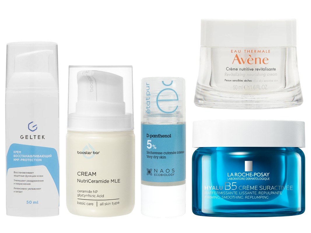 Фото: архивы пресс-служб. Восстанавливающий крем для лица c биоцерамидами NMF protection, Geltek; Крем с церамидами DropCare Cera-3L (5%), экстрактом финика и солодки NUTRICERAMIDE MLE CREAM, Booster Bar; Сыворотка с активной молекулой д-пантенола 5% D-PANTHENOL, Etat Pur; Восстанавливающий питательный крем EAU THERMALE Revitalizing Nourishing Cream, AVENE; Увлажняющий крем против морщин HYALU B5 для лица, La Roche-Posay 