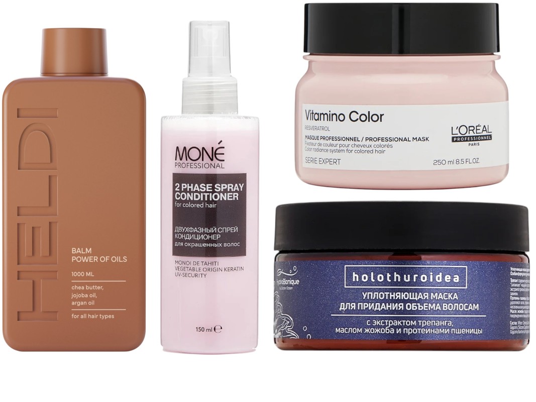 Фото: архивы пресс-служб. Бальзам для волос профессиональный, HELDI; Двухфазный спрей кондиционер для окрашенных волос 2 Phase spray conditioner, MONE PROFESSIONAL; Маска для окрашенных волос Mask Serie Expert Vitamino Color, LOreal professionnel; Маска уплотняющая для придания объема волосам, Hydrobionique