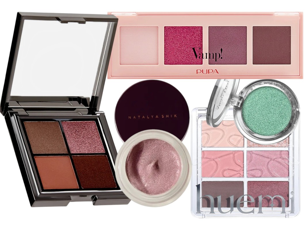 Фото: архивы пресс-служб. Палетка теней YOUR VISION PALETTE Let’s Play, Annbeauty; Сияющие кремовые тени для век GLOW CREAM EYESHADOW 03 Amethyst, Shik; Палетка теней VAMP! 04 Яркая слива, Pupa; Тени для век BOLD EYES тон 15 болотный шалфей, Alvin D'or; Тени для век Spot-On Pigment Eye Palette 02 Dawn, Huemi