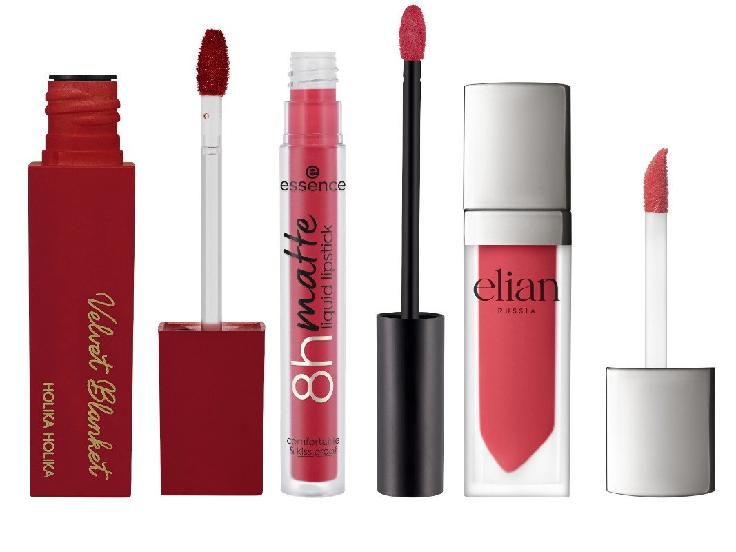 Фото: архивы пресс-служб. Вельветовый тинт для губ Velvet Blanket, 06 WOODY ROSE, Holika Holika; Матовая жидкая помада 8h matte liquid lipstick, 07, essence; Жидкая помада Superior Matte, 608, Elian Russia