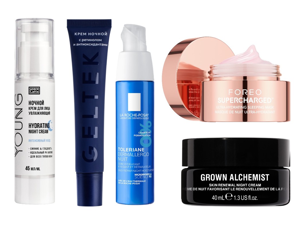 Фото: архивы пресс-служб. Увлажняющий ночной крем для лица, Space.latte YOUNG; Крем ночной с ретинолом и антиоксидантами, Geltek; Увлажняющий успокаивающий ночной уход Toleriane Dermallergo, La Roche-Posay; Насыщенная ночная маска-желе Supercharged Ultra-Hydrating Sleeping Mask, FOREO; Обновляющий ночной крем для лица "Полипептид, эхинацея и рейши", Grown Achemist