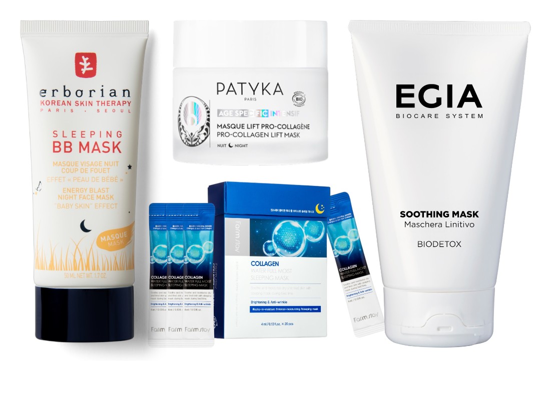 Фото: архивы пресс-служб. BB маска Восстанавливающий ночной уход, Erborian; Про-коллаген ночная маска для лица, PATYKA; Набор увлажняющих ночных масок для лица с коллагеном Collagen Water Full Moist Sleeping Mask, FarmStay; Ревитализирующая детокс-маска SOOTHING MASK, EGIA Biocare System