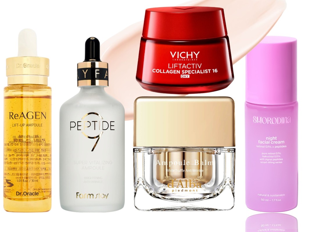 Фото: архивы пресс-служб. Ампульная лифтинг-сыворотка с золотом и пептидами ReAGEN, Dr. Oracle; Суперобновляющая ампульная сыворотка с комплексом из 9 пептидов Peptide9 Super Vitalizing Ampoule, FarmStay; Дневной крем Liftactiv Specialist 16, Vichy; Крем для лица с пептидами Ampoule Balm White Truffle Anti Wrinkle Cream, d'Alba; Ночной подтягивающий крем с ретинолом и сигнальными пептидами, SMORODINA