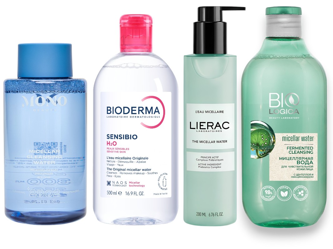 Фото: архивы пресс-служб. Мицеллярная вода очищающая, Mono Beauty; Мицеллярная вода для чувствительной кожи Sensibio H2O, Bioderma; Мицеллярная вода для лица, Lierac; Мицеллярная вода для чувствительной кожи лица Fermented cleansing, BIOLOGICA