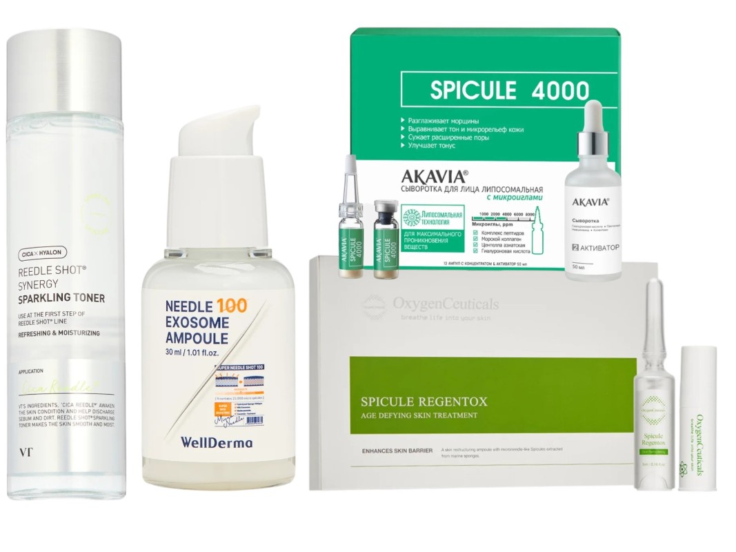 Фото: архивы пресс-служб. Увлажняющий тонер для лица с микроиглами VT; Сыворотка для лица с экзосомами и спикулами Needle 100, WellDerma; Набор со спикулами для антивозрастного ухода за кожей лица SPICULE 4000 ppm, AKAVIA; Детокс-сыворотка со спикулами Spicule Regentox, OxygenCeuticals