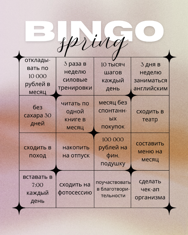 Пример bingo board на 3 месяца