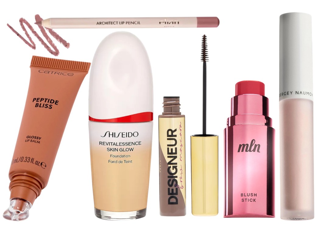Фото: архивы пресс-служб. Пептидный бальзам для губ Peptide bliss, Catrice; Карандаш для губ Architect, Elian; Тональное средство-уход с эффектом сияния Revitalessence Skin Glow SPF 30, SHISEIDO; Тушь для бровей Designeur, VIVIENNE SABO; Румяна для лица в стике кремовые, MLN; Хайлайтер под глаза MAIN ENTRANCE, SERGEY NAUMOV