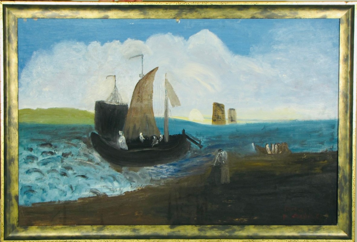 Картина Любови Майковой "Прощай" (1991). Из собрания Музея русского лубка и наивного искусства