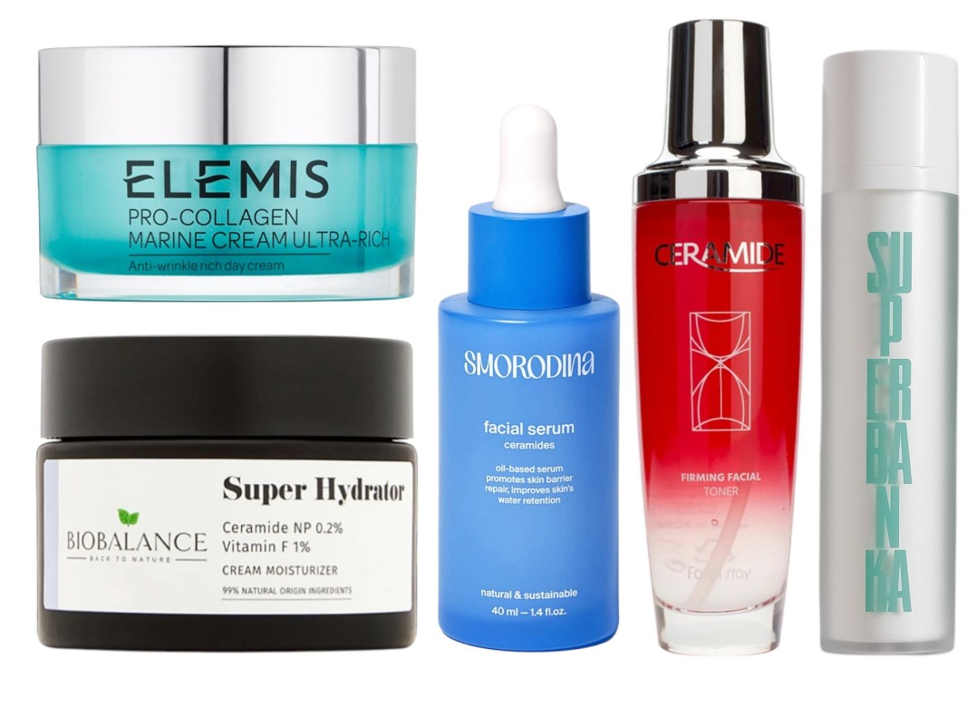 Фото: архивы пресс-служб. Крем для лица Морские водоросли Про-Коллаген Ультра Рич, Elemis; увлажняющий крем с церамидами 0,2% и витамином F 1%, BIOBALANCE; Увлажняющая сыворотка для лица Ceramides, SMORODINA; Укрепляющий тонер для лица с керамидами Ceramide Firming Facial Toner, Farm Stay; Увлажняющий крем для лица Сrème de la Сrème, SUPERBANKA