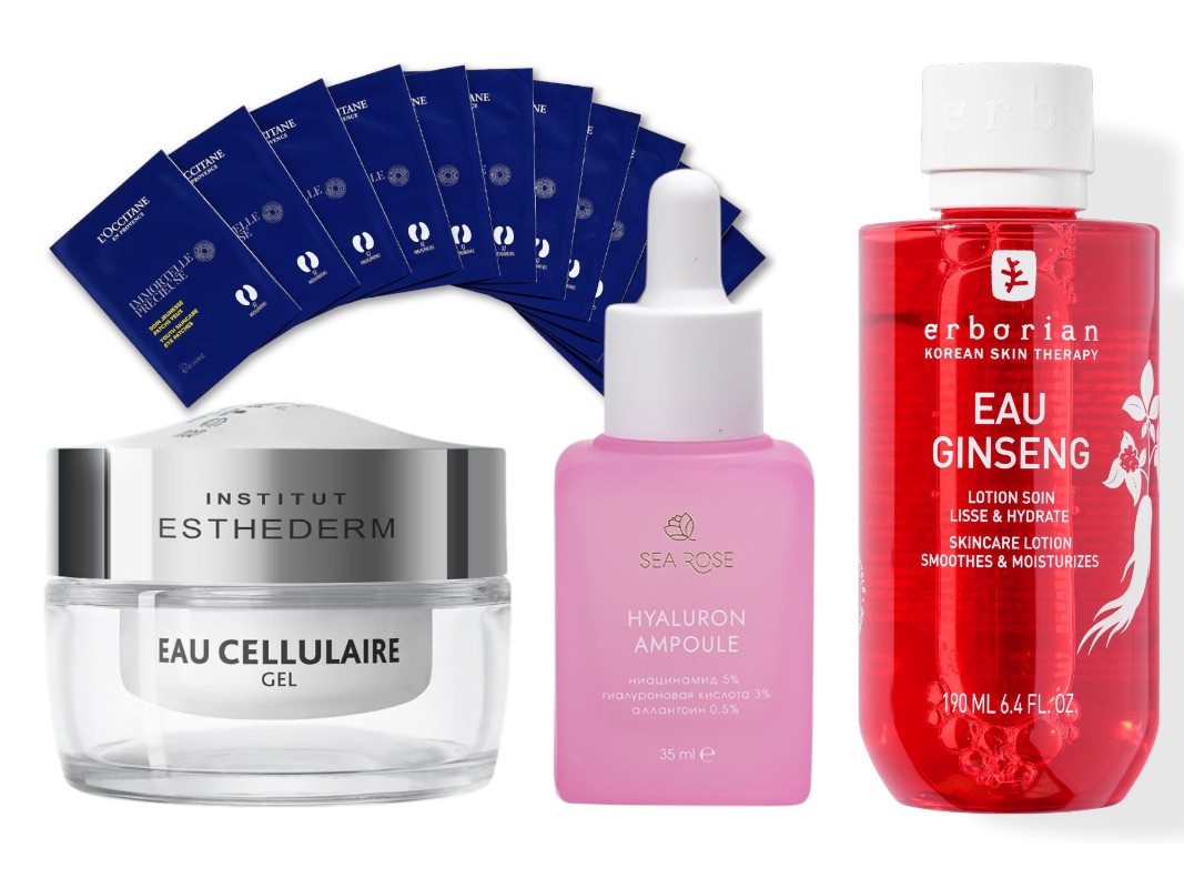 Фото: архивы пресс-служб. Освежающий увлажняющий гель с клеточной водой EAU CELLULAIRE, Institut Esthederm; Патчи для глаз Драгоценный Иммортель, L'Occitane; Гиалуроновая сыворотка для лица с экстрактом черной икры и ниацинамидом HYALURON AMPOULE, SEA ROSE; Энергетический тоник для лица Женьшень, Erborian