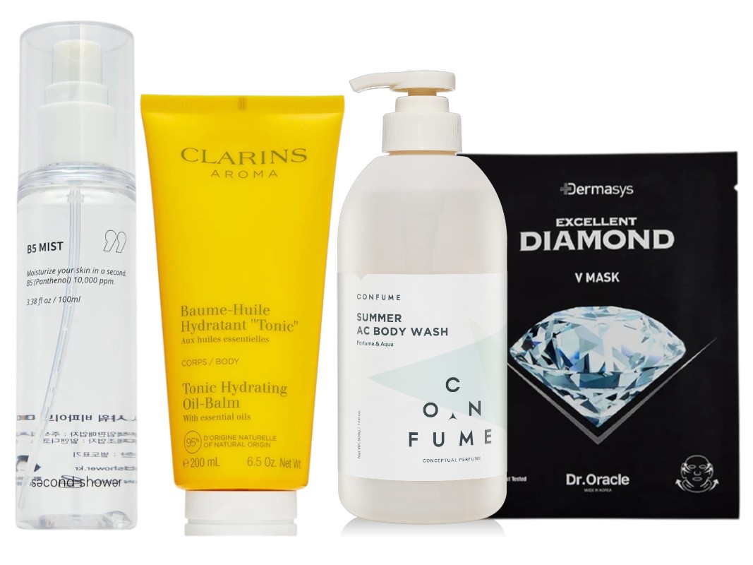Фото: архивы пресс-служб. Тонизирующий мист для лица и тела с увлажняющим и успокаивающим эффектом B5, Second Shower; Тонизирующий увлажняющий бальзам для тела TONIC HYDRATING OIL-BALM, Clarins; Парфюмированный гель для душа Summer, Confume; Набор масок для лица и области шеи c алмазной пудрой Dermasys Diamond V Mask, Dr Oracle