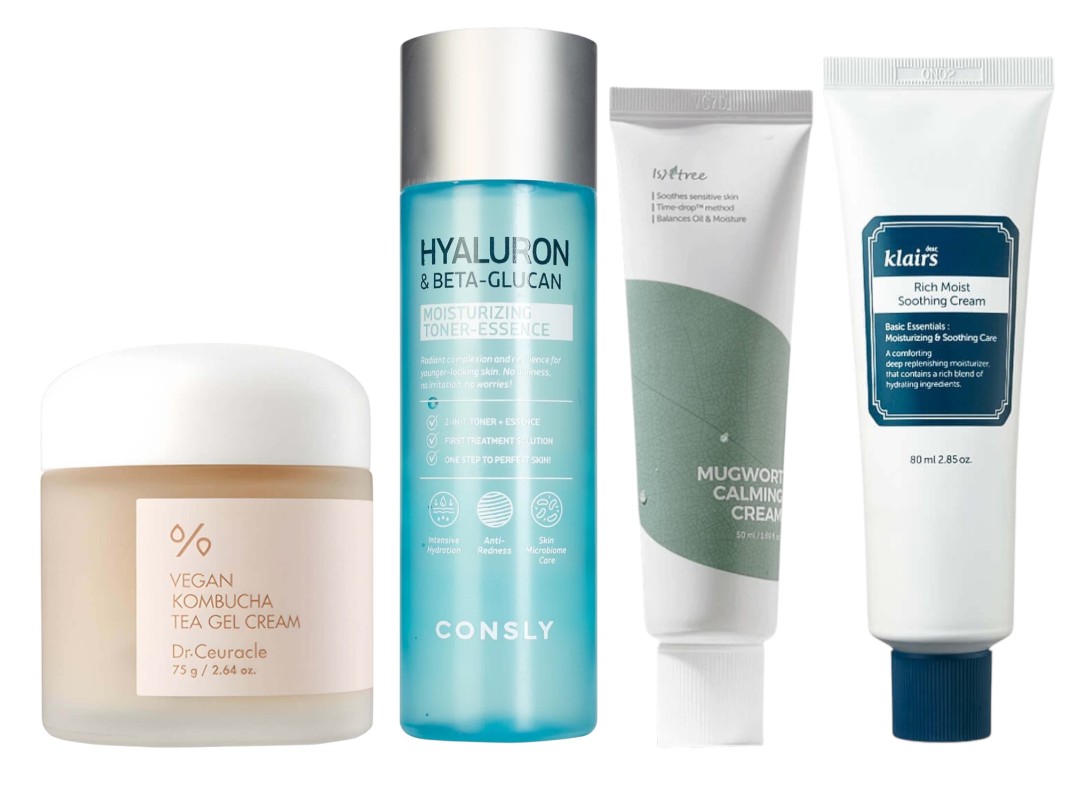 Фото: архивы пресс-служб. Увлажняющий веганский крем с комбучей и бета-глюканом, Dr.Ceuracle Vegan; Увлажняющий тонер-эссенция для лица с гиалуроновой кислотой и бета-глюканом, Consly; Успокаивающий крем с полынью Mugwort Calming Cream, Isntree; Увлажняющий крем для лица с бета-глюканом Rich Moist Soothing Cream, Dear, Klairs 
