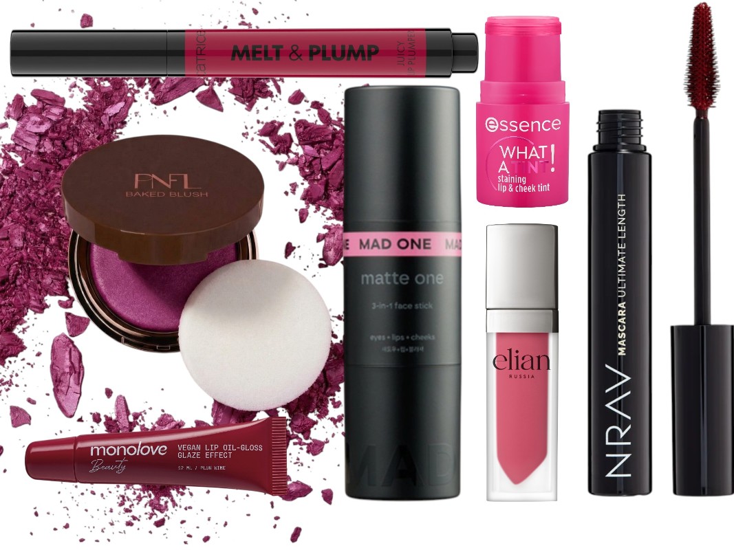 Фото: архивы пресс-служб. Запеченные румяна Румяна Baked Blush тон 03 ягодный цвет, PNFL; Бальзам-плампер для губ Melt & Plump Juicy 060, Catrice; Мультистик для лица Multistick 3-in-1 face stick eyes + lips + cheeks, MAD ONE; Cтойкий тинт для губ и лица WHAT A TINT! staining lip & cheek tint, essence; Помада жидкая матовая Superior Matte Liquid Lipstick, 516 Garnet Bracelet, Elian; Удлиняющая тушь для ресниц Mascara ultimate length бордовая, NRAV