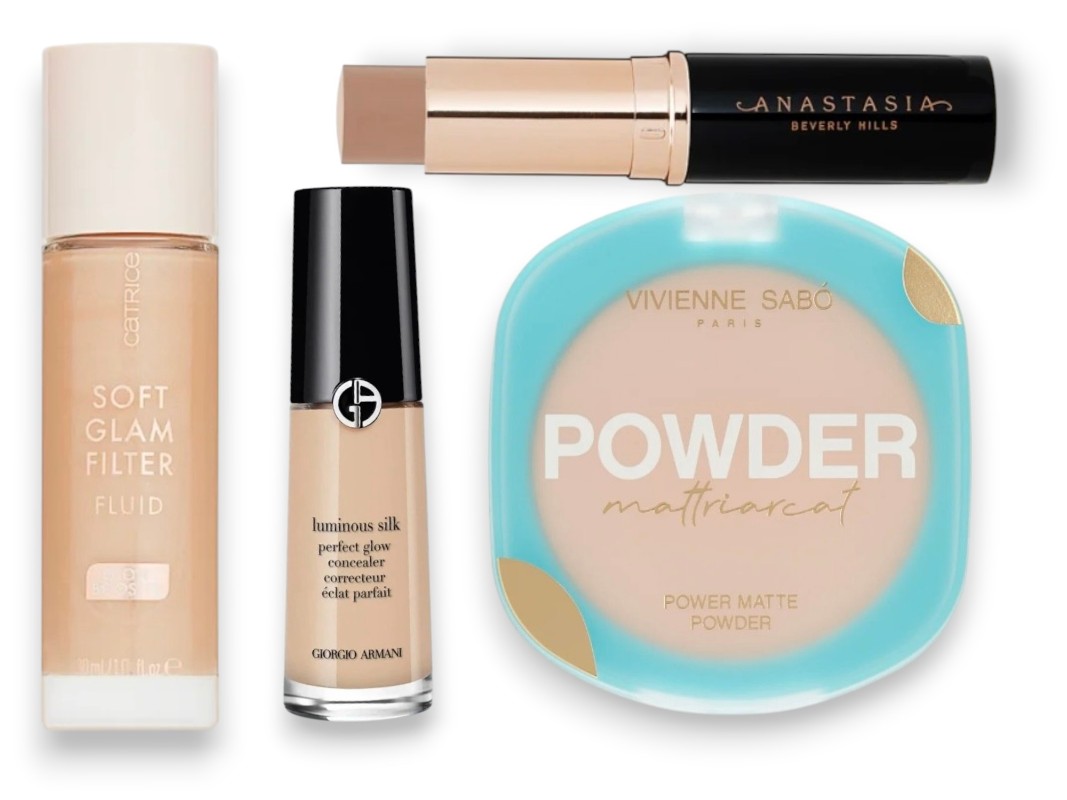 Фото: архивы пресс-служб. Флюид с эффектом мягкого свечения Soft Glam Filter Fluid, CATRICE; Консилер Luminous Silk, GIORGIO ARMANI; Стик для контуринга Contour & Highlight Sticks, Anastasia Beverly Hills; Компактная пудра для лица Power matt powder mattriarcat, VIVIENNE SABO