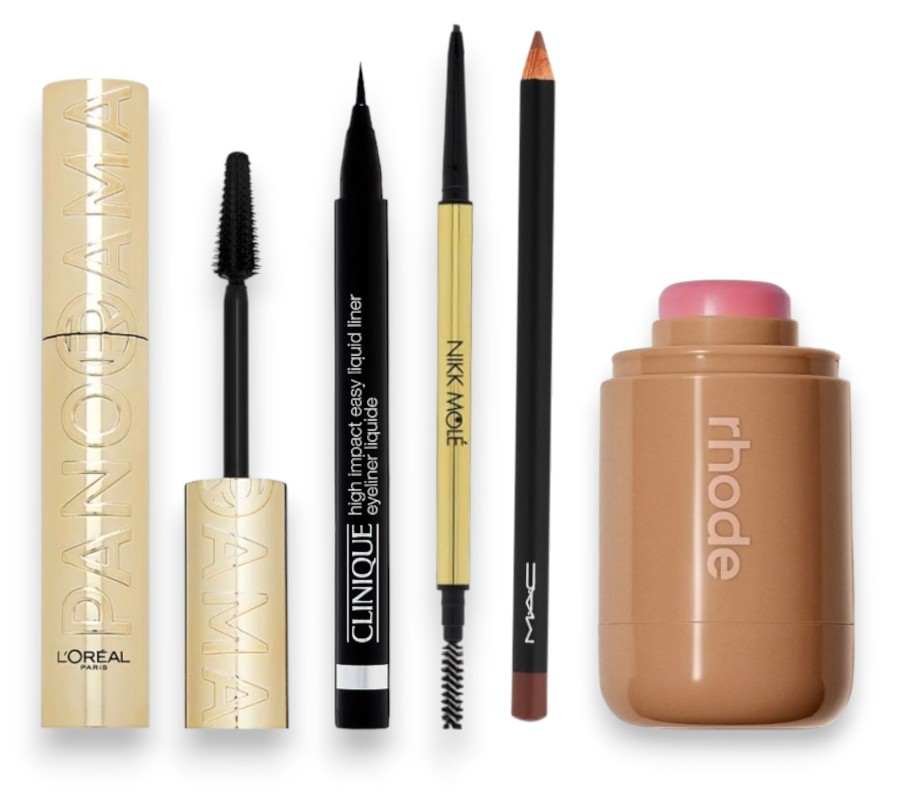 Фото: архивы пресс-служб. Тушь для ресниц Panorama, L'Oreal Paris; Жидкая подводка для век High Impact Easy Liquid Liner, CLINIQUE; Карандаш для бровей Eyebrow Pencil Ultra Slim, NIKK MOLE; Карандаш для губ в оттенке Oak, MAC; Кремовые румяна Pocket Blush, Rhode 