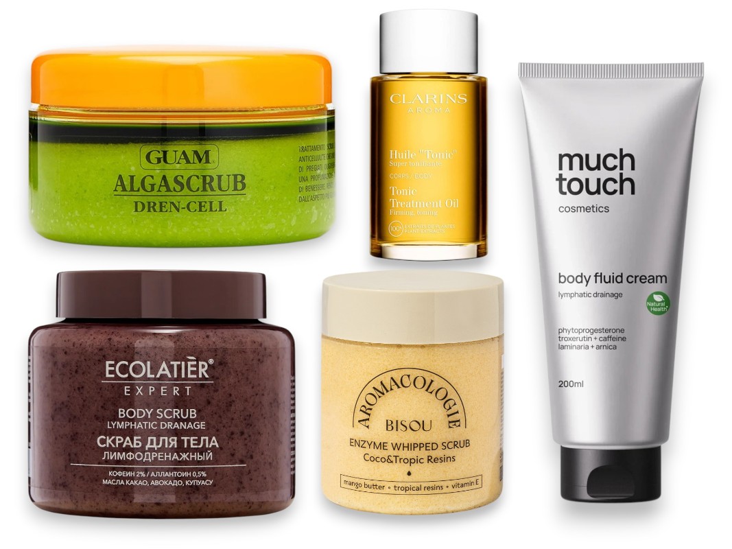 Фото: архивы пресс-служб. Дренажный скраб с эфирными маслами ALGA SCRUB Dren-cell, GUAM; Скраб для тела Лимфодренажный, ECOLATIER; Тонизирующее масло для тела Aroma Tonic Treatment Oil, Clarins; Взбитый энзимный скраб для тела Aromacologie, Coconut and Tropical Resins, Bisou; Лимфодренажный крем-флюид для тела phytoprogesterone, Much Touch
