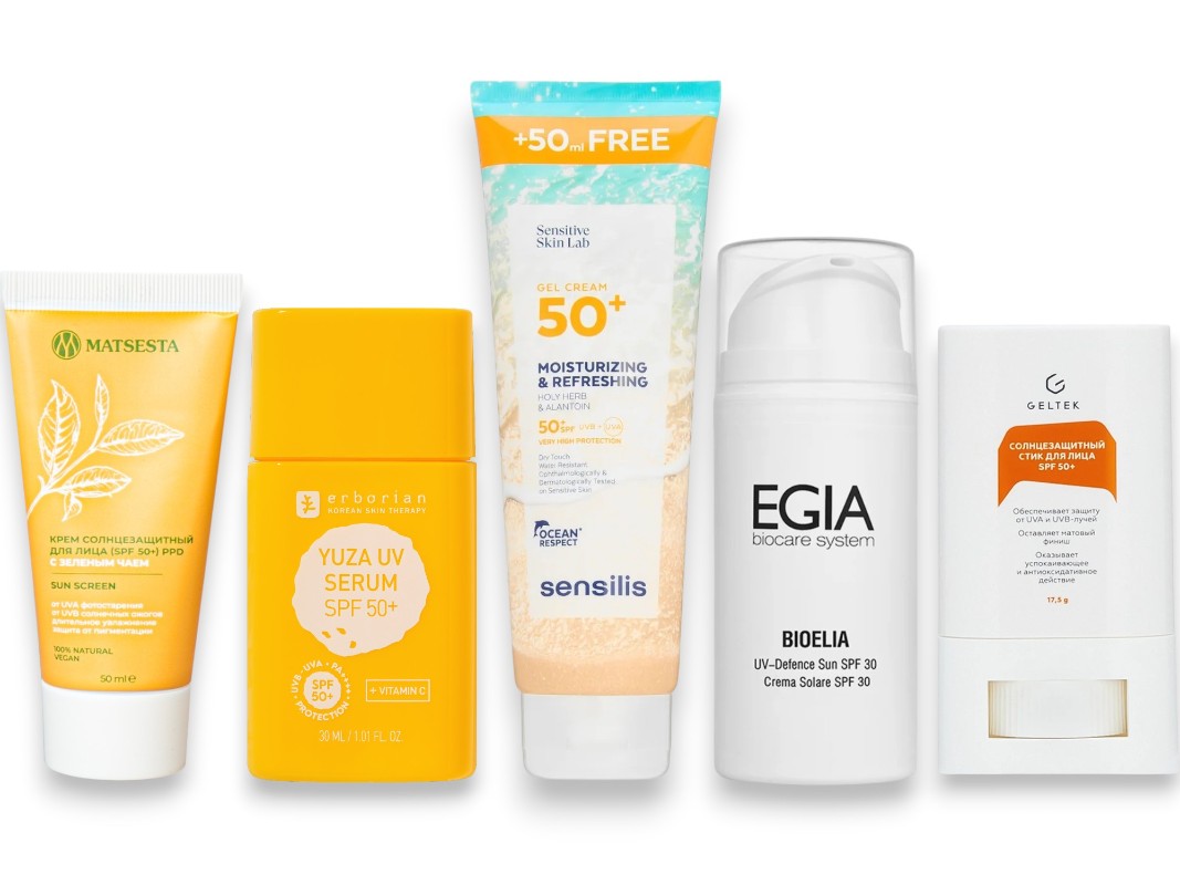 Фото: архивы пресс-служб. Солнцезащитный крем для лица с зеленым чаем PPD (SPF 50+), MATSESTA; Юзу cолнцезащитная сыворотка SPF 50+ для лица, Erborian; Гель-крем для защиты тела от солнца SPF50+ Gel Cream 50+, SENSILIS; Cтик для лица SPF50+ Sun Face Stick, Geltek; Увлажняющий солнцезащитный крем SPF 30 biocare system UV-Defence Sun, EGIA