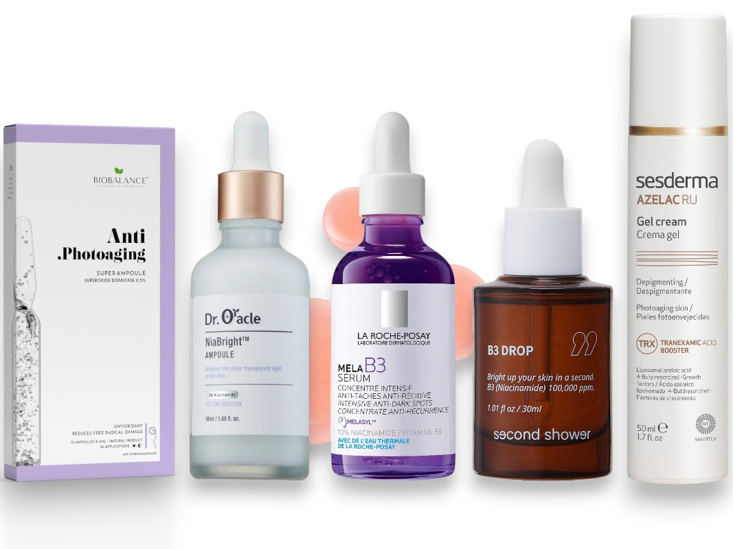 Фото: архивы пресс-служб. Ампулы Anti.Photoaging, BIOBALANCE; Сыворотка с ниацинамидом NiaBright, Dr. Oracle; Сыворотка для лица против пигментации Mela B3, La Roche-Posay; Cыворотка с ниацинамидом 10%, Second Shower; Крем-гель депигментирующий AZELAC RU, SESDERMA  