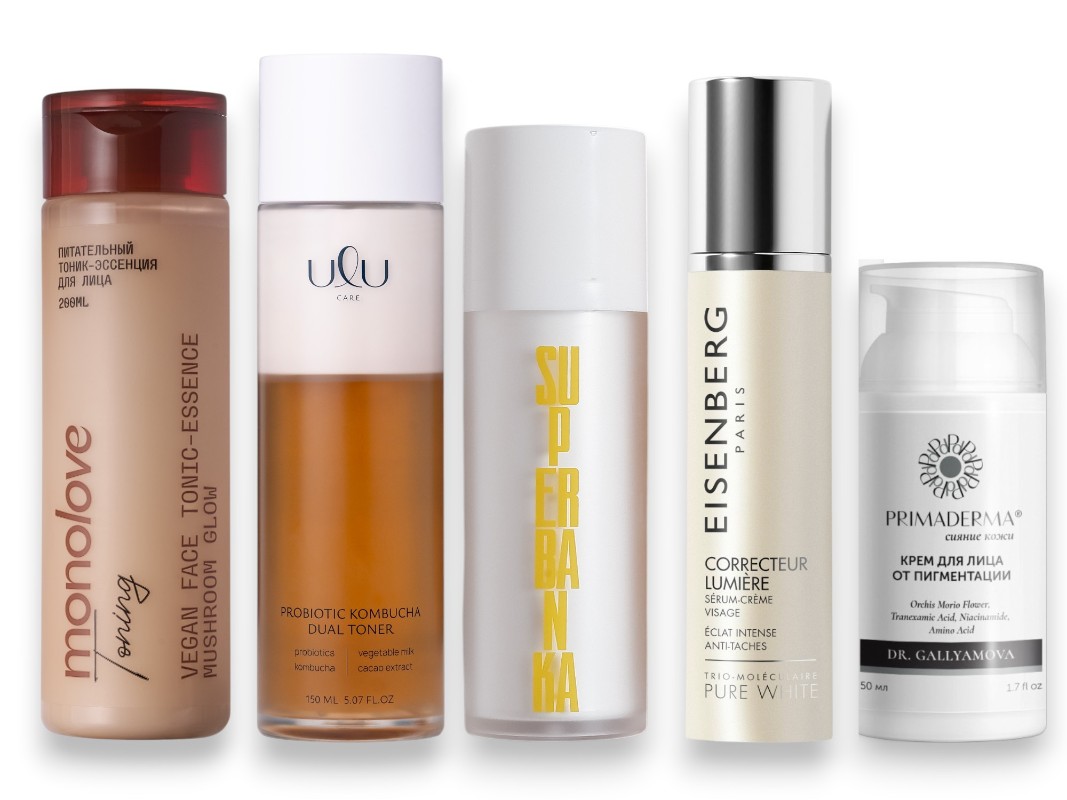 Фото: архивы пресс-служб. Тоник-эссенция для лица Mushroom glow, monolove; Двухфазный тонер PROBIOTIC KOMBUCHA DUAL TONER, ULU; Сыворотка для лица Vanilla sky, SUPERBANKA; Сыворотка против пигментных пятен, Eisenberg; Крем для лица от пигментации, Primaderma
