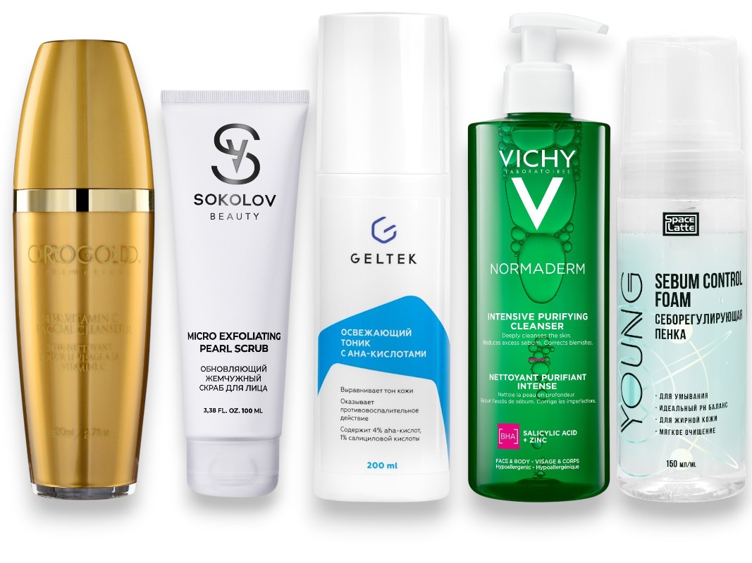 Фото: архивы пресс-служб. Гель для умывания витамин С, OROGOLD Cosmetics; Скраб для лица отшелушивающий жемчужный с маслами, SOKOLOV BEAUTY; Освежающий тоник с АНА-кислотами, Geltek; Интенсивно очищающий гель Normaderm, Vichy; Себорегулирующая пенка для умывания, Space.latte YOUNG