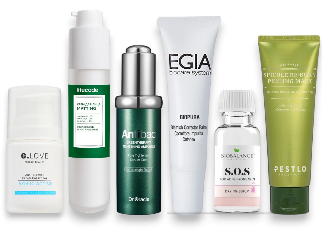 Фото: архивы пресс-служб. Крем-корректор против несовершенств Anti-Blemish Cream Corrector AZELIC ACTIIVE, G.Love; Крем увлажняющий с матирующим эффектом, Lifecode; Ампульная сыворотка для сужения пор Antibac, Dr. Oracle; Корректирующий бальзам для проблемной кожи, EGIA Biocare System; Подсушивающая SOS-сыворотка от воспалений, BIOBALANCE; Маска-пилинг для лица Spicule Re-Born, PESTLO