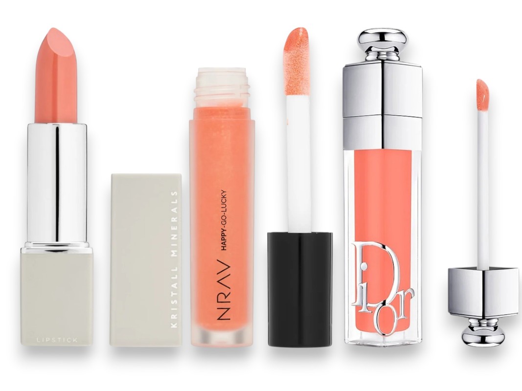 Фото: архивы пресс-служб. Губная помада Nude & creamy 04 Peachy Nude, Kristall Minerals Cosmetics; Блеск для губ It's giving shimmer, 03 персиковый, NRAV; Блеск-плампер для губ Addict Lip Maximizer, 004, DIOR