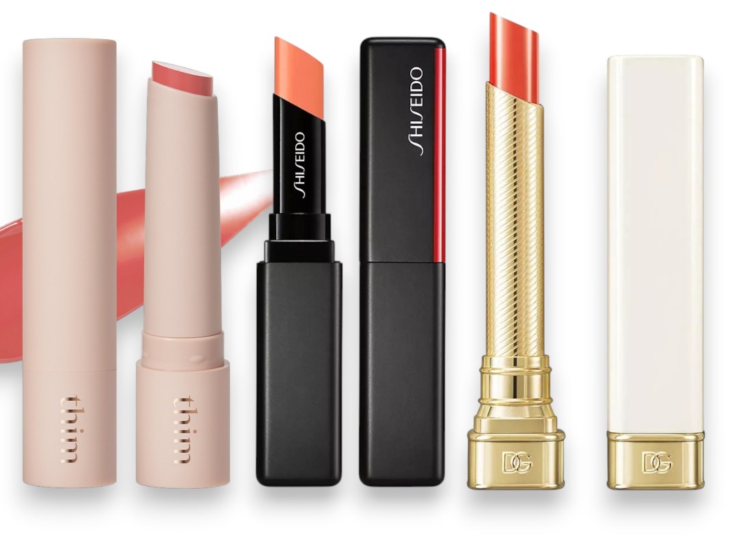 Фото: архивы пресс-служб. Бальзам для губ Refreshing Glow Lip Balm 02 Apricot, Thim; Тинт-бальзам для губ ColorGel, 112 Tiger Lily, SHISEIDO; Глянцевая помада My juicy sheer lip stylo, MY 15.08, DOLCE&GABBANA 