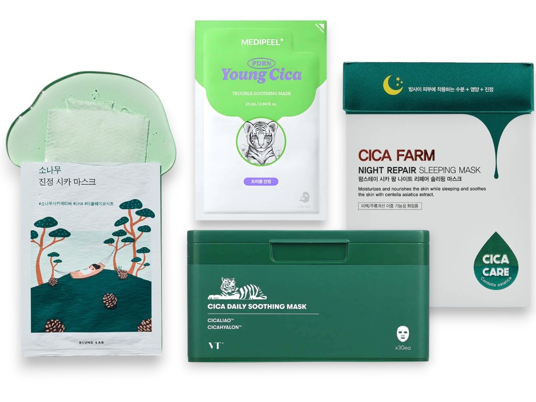 Фото: архивы пресс-служб. Успокаивающая маска с экстрактами сосны и центеллы Pine Calming Cica Mask Sheet, Round Lab; Успокаивающая маска с центеллой Young Cica PDRN Trouble Soothing Mask, MEDIPEEL; Набор успокаивающих масок с центеллой Cica Daily Soothing Mask, VT Cosmetics; Восставливающая ночная маска в саше с центеллой азиатской Cica Farm Night Repair Sleeping Mask, Farm Stay