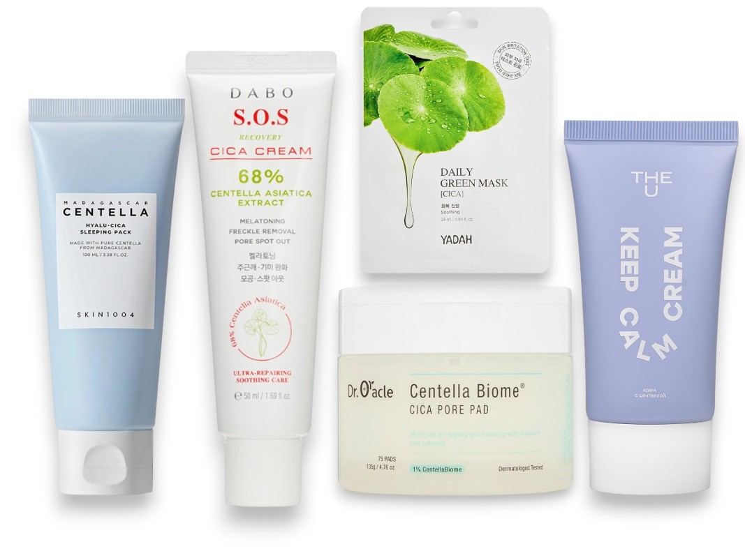 Фото: архивы пресс-служб. Ночная маска для лица с центеллой, Skin 1004; Восстанавливающий крем экстрактом центеллы азиатской, Daboс; Успокаивающая маска на тканевой основе с центеллой азиатской DAILY GREEN MASK-CICA, Yadah; Тонизирующие пэды для лица СentellaBiome, Dr. Oracle; Крем с центеллой Keep Calm, The U