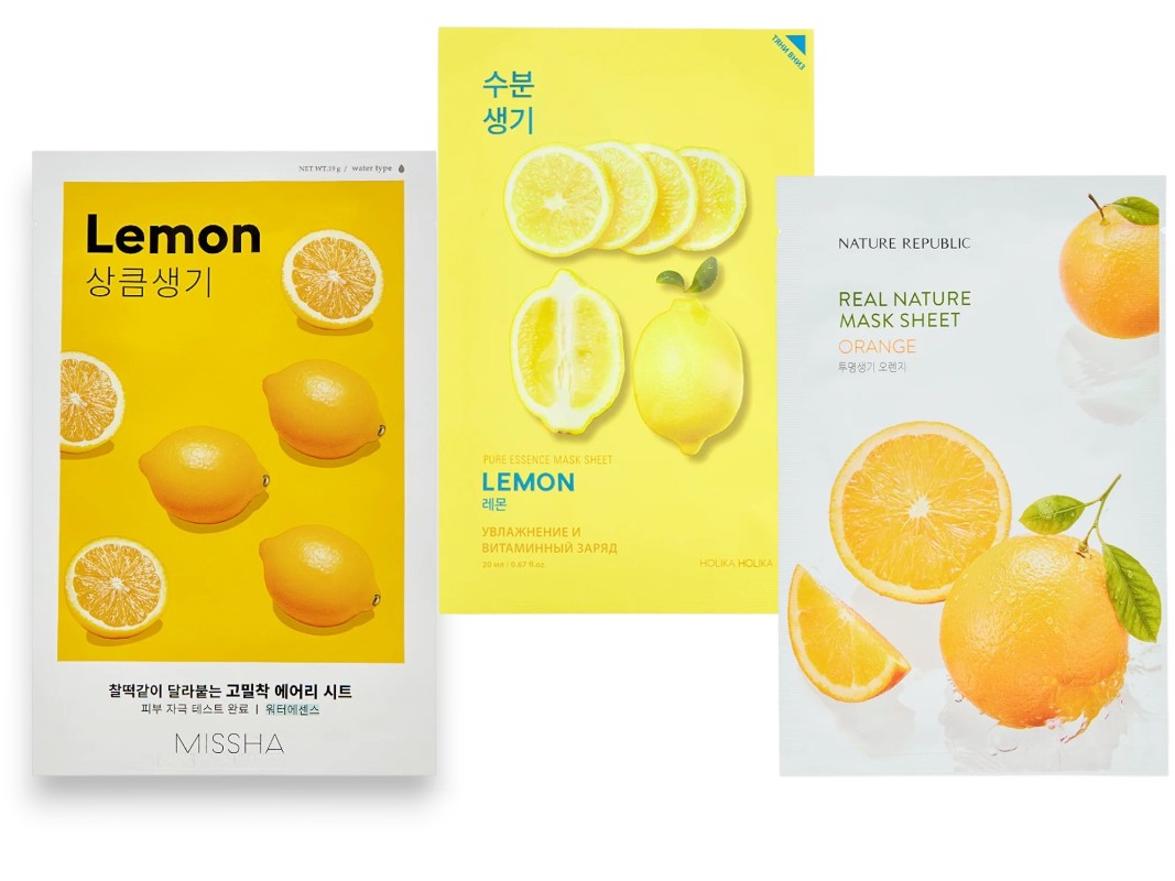 Фото: архивы пресс-служб. Тканевая маска для лица AIRY FIT SHEET MASK LEMON, Missha; Маска Pure Essence Лимон, Holika Holika; Тканевая маска для лица с экстрактом апельсина Real Nature Mask Sheet Orange, Nature Republic