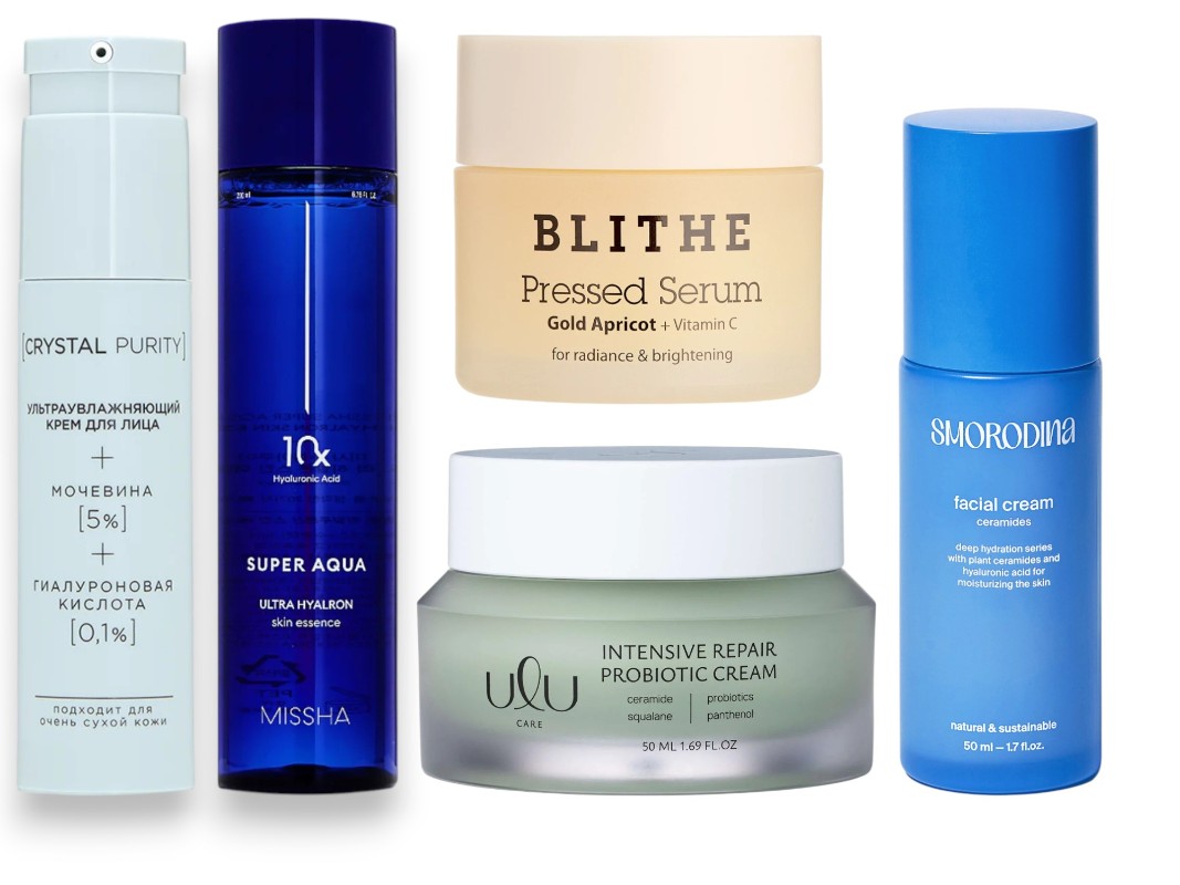 Фото: архивы пресс-служб. Крем для лица Мочевина и церамиды, Crystal Purity; Тонер для увлажнения кожи Super Aqua Ultra Hyalron, Missha; Сыворотка-крем для сияния лица Gold Apricot, Blithe; Ультраувлажняющий и восстанавливающий крем INTENSIVE REPAIR, ULU; Увлажняющий крем с растительными церамидами и гиалуроновой кислотой, SMORODINA