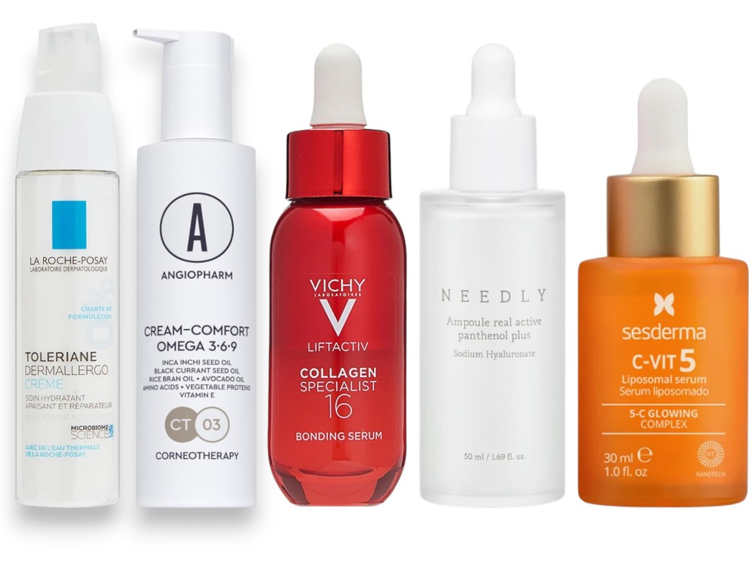 Фото: архивы пресс-служб. Интенсивный успокаивающий крем для сверхчувствительной и склонной к аллергии кожи TOLERIANE DERMALLERGO, La Roche-Posay; Успокаивающий крем-комфорт с комплексом ОМЕГА 3–6–9, Angiopharm; Сыворотка для лица LIFTACTIV COLLAGEN SPECIALIST 16, VICHY; Сыворотка для лица увлажняющая с пантенолом Ampoule Real Active PANTHENOL PLUS, NEEDLY; Сыворотка липосомальная C-VIT 5, Sesderma