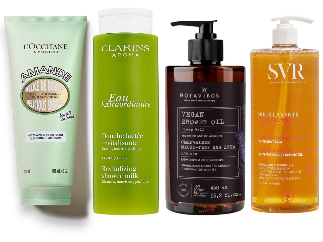 Фото: архивы пресс-служб. Воздушный крем для душа Миндаль, L'Occitane; Питательное молочко для душа EAU EXTRAORDINAIRE, Clarins; Гель-масло для душа c эфирными маслами, Botavikos; Универсальное очищающее масло для душа HUILE LAVANTE, SVR