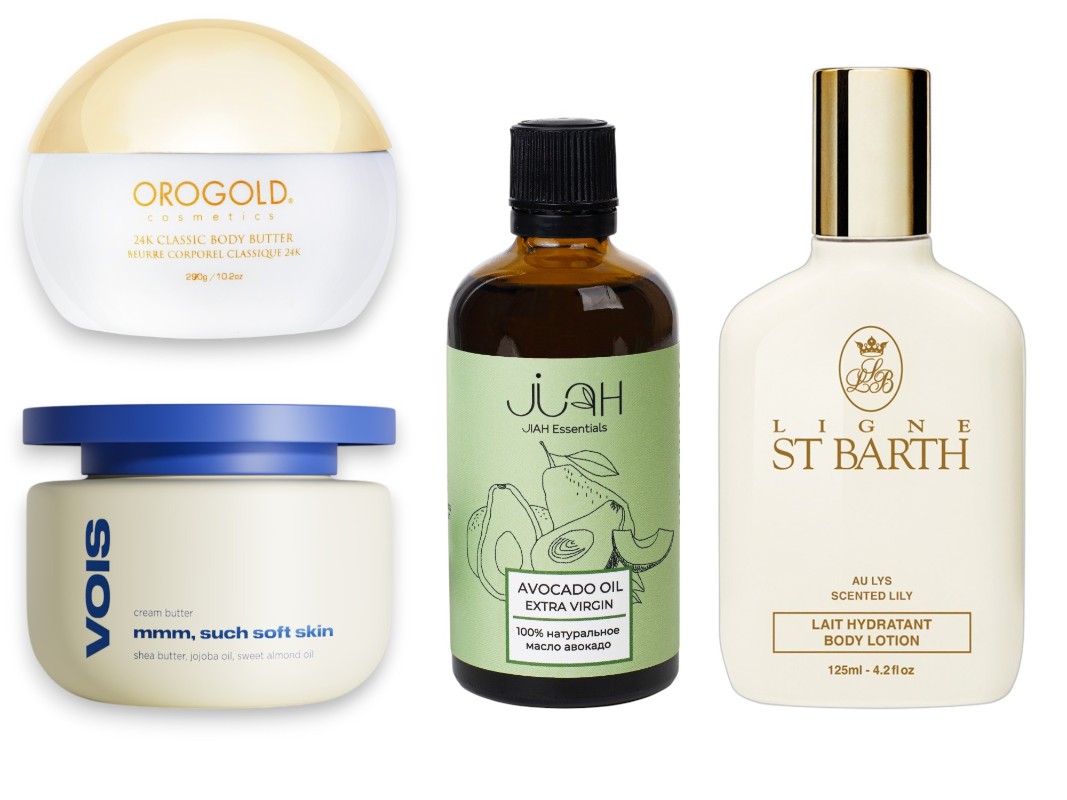 Фото: архивы пресс-служб. Классическое маcло для тела, White Gold, Orogold; Крем баттер для рук и тела, VOIS; Масло авокадо натуральное, JIAH Essentials; Лосьон для тела с ароматом Лилии, Ligne St Barth