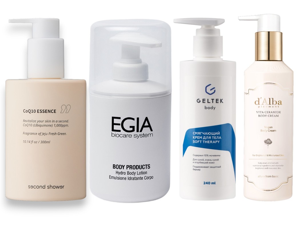 Фото: архивы пресс-служб. Увлажняющая эссенция для тела с коэнзимом, Second Shower; Лосьон увлажняющий для тела, EGIA Biocare System; Смягчающий крем для тела Soft therapy, Geltek; Крем для тела Vita Ceramide Body Cream, d'Alba