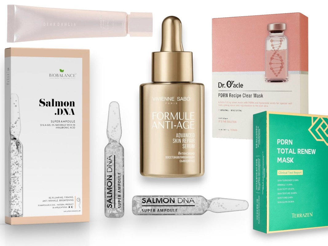 Фото: архивы пресс-служб. Солнцезащитный BB-крем для лица SPF 40+ Daily Defense PDRN, DEAR DAHLIA; Антивозрастные ампулы с PDRN SALMON D.N.A-GEL 3%, BIOBALANCE; Сыворотка для лица c PDRN, VIVIENNE SABO; Ревитализирующие маски с PDRN, Dr. Oracle; Набор тканевых масок Regenerating with PDRN, Terrazen