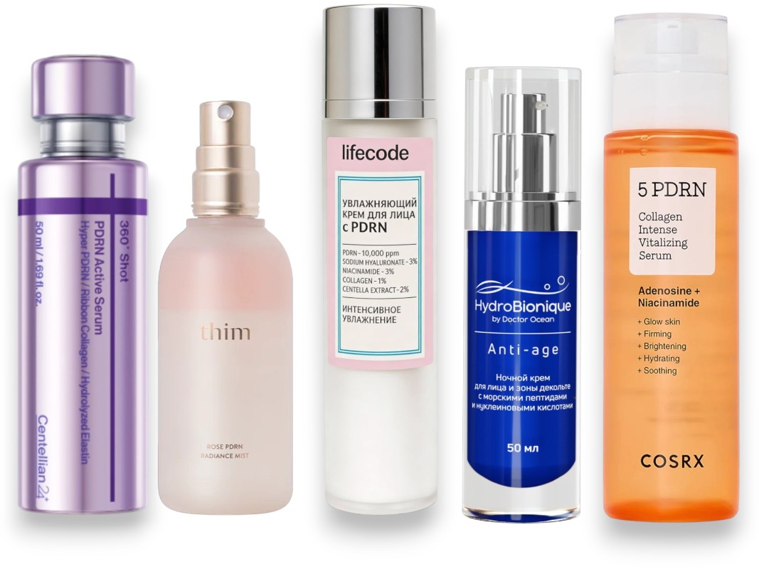Фото: архивы пресс-служб. Сыворотка для лица 360º Shot PDRN active, Centellian24; Мист для сияния кожи лица Rose pdrn radiance mist, Thim; Увлажняющий крем для лица c PDRN, LIFECODE; Ночной крем для лица и зоны декольте с морскими пептидами и нуклеиновыми кислотами, HydroBionique; Cыворотка для лица 5PDRN Collagen Intense, COSRX