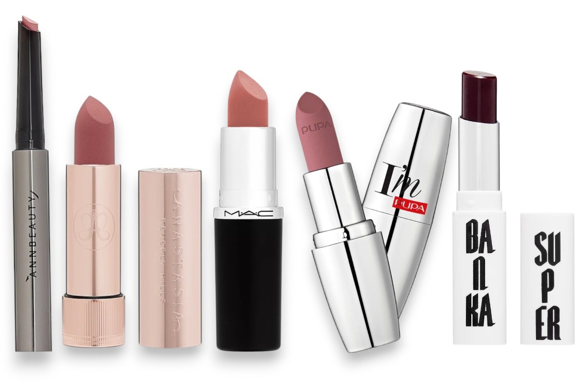 Фото: архивы пресс-служб. Помада для губ YOUR LIPS MATTE, 005 Cold Mind, Annbeauty; Помада для губ матовая Matte Lipstick, Hush Rose, Anastasia Beverly Hills; Губная помада MACximal Matte Lipstick, Sweet Deal, MAC; Губная помада I'M MATT, 011 Насыщенный нюдовый, Pupa; Помада-тинт с пептидами и гиалуроновой кислотой Sulim, SUPERBANKA