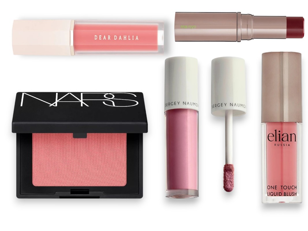 Фото: архивы пресс-служб. Жидкие румяна для лица Petal Drop, Wavy, DEAR DAHLIA; Мини пудровые румяна Talk-Free Blush, Orgasm Edge, NARS; Жидкие румяна для лица 0064 Keep On Loving, SERGEY NAUMOV; Бальзам-стик для макияжа No Mercy Spell Mood Stick, 04 Red Liviate, Ma:nyo, Жидкие румяна для лица One Touch, 02 Shy,  ELIAN RUSSIA