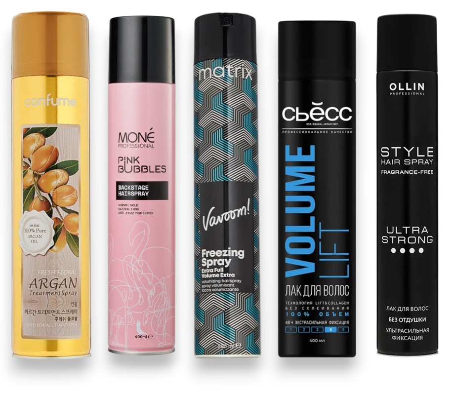 Фото: архивы пресс-служб. Лак-спрей для укладки волос с аргановым маслом Argan Treatment, Confume; Лак для объема и укладки волос средней фиксации, MONE PROFESSIONAL; Лак-спрей для волос эластичной фиксации Vavoom Freezing Spray Extra Full, Matrix; Лак для волос Volume Lift, СЬЁСС; Лак для волос ультрасильной фиксации, Ollin Professional