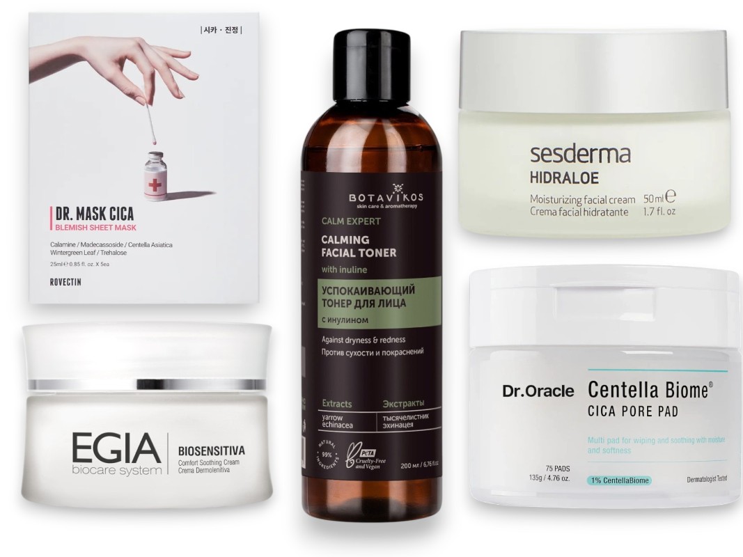 Фото: архивы пресс-служб. Маска для лица с центеллой Dr. Mask Cica, Rovectin; Крем легкий успокаивающий Biosensitiva Comfort Soothing Cream, EGIA; Успокаивающий тонер для лица с инулином, Botavikos; Крем увлажняющий для лица c алоэ и центеллой HIDRALOE, Sesderma; Тонизирующие пэды для лица Centella Biome Toner Pad, Dr.Oracle