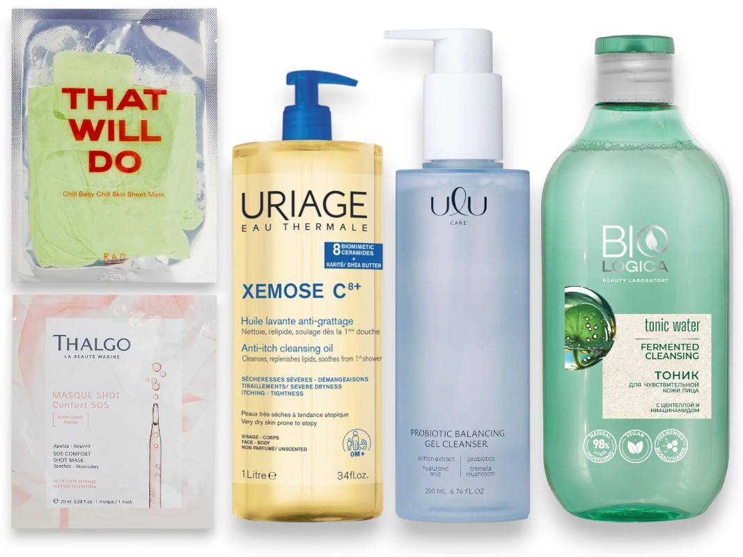 Фото: архивы пресс-служб. Успокаивающая тканевая маска для лица Chill Baby Chill Skin, RAD; Успокаивающая экспресс-маска для лица SOS Comfort Shot Mask, Thalgo; Очищающее успокаивающее масло с церамидами Xemose С8+, Uriage; Гель для умывания PROBIOTICS BALANCE GEL CLEANSER, ULU; Тоник для чувствительной кожи лица Fermented cleansing, BIOLOGICA