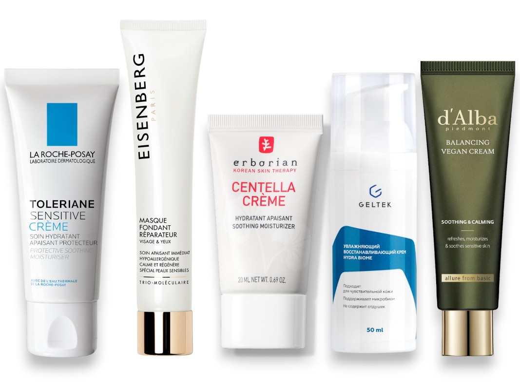 Фото: архивы пресс-служб. Уход для чувствительной кожи с пребиотической формулой Toleriane Sensitive Crème, La Roche-Posay; Восстанавливающая тающая маска, для чувствительной кожи, Eisenberg; Крем для лица Центелла, Erborian; Увлажняющий восстанавливающий крем Hydra Biome, Geltek; Успокаивающий крем для лица Mild Skin Balancing Vegan Cream, d'Alba 