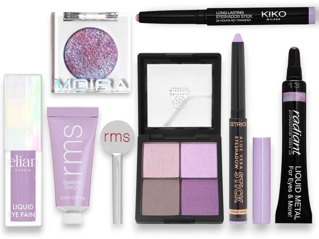 Фото: архивы пресс-служб. Жидкие тени для век Liquid Eye Paint, Lavender, ELIAN RUSSIA; Кремовые тени для век Eyelights Cream Eyeshadow, Aurora, RMS; Тени-спарклы для век Chroma Light Shadow, 013, MOIRA; Палетка минеральных теней 4 оттенка, Lavender, Kristall Minerals; Тени для век в карандаше Aloe Vera Eyeshadow Stick, 070 Satin Lilac, Catrice; Тени-карандаш для век, 11 Lilac, KIKO Milano; Жидкий пигмент для макияжа, 13 Сирень, Radiant Professional Make-Up