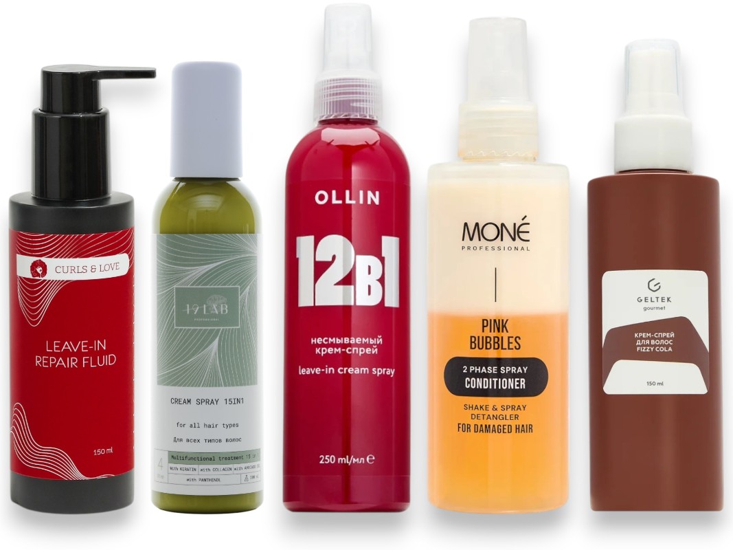 Фото: архивы пресс-служб. Флюид для волос Magic Drop восстанавливающий, несмываемый, CURLS & LOVE; Крем-спрей для волос несмываемый 15 в 1, 19LAB; Несмываемый крем-спрей для волос 12в1, OLLIN; Двухфазный спрей кондиционер для сухих и поврежденных волос, MONE PROFESSIONAL; Крем-спрей для волос Fizzy Cola, Geltek